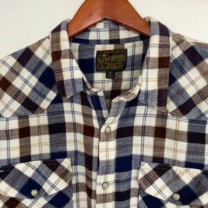 Lucky Brand Men's Blue and Brown Plaid Shirt Pearl Snaps Western XL Flannel